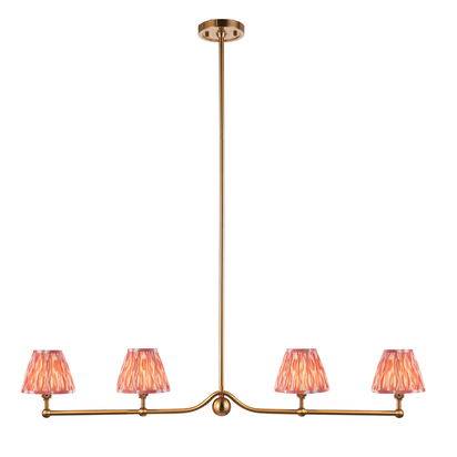 Brookcroft 4lt Linear Pendant Pendant light Brushed aged brass plate & coral pink fabric