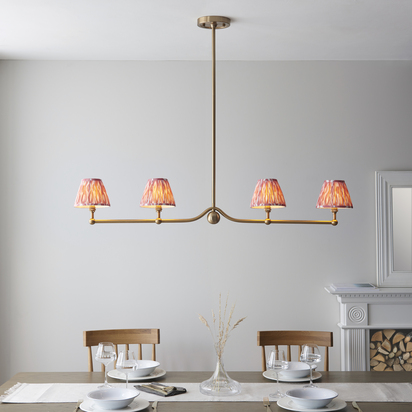 Brookcroft 4lt Linear Pendant Pendant light Brushed aged brass plate & coral pink fabric