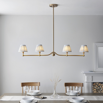 Brookstead 4lt Linear Pendant Pendant light Brushed aged brass plate & shell bay blue fabric