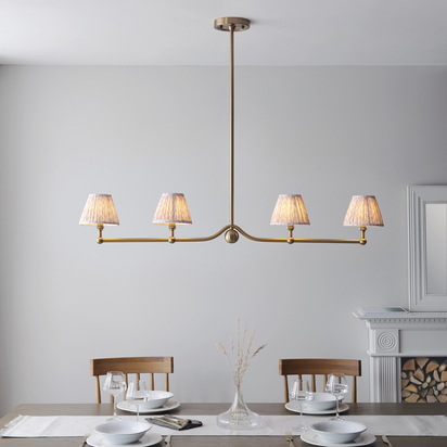 Brookstead 4lt Linear Pendant Pendant light Brushed aged brass plate & peachy keen fabric