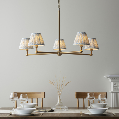 Brookstead 5lt Pendant Pendant light Brushed aged brass plate & shell bay blue fabric