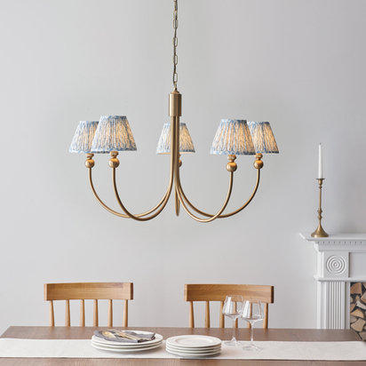 Brookstead 5lt Pendant Pendant light Brushed aged brass plate & shell bay blue fabric