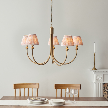 Brookstead 5lt Pendant Pendant light Brushed aged brass plate & peachy keen fabric