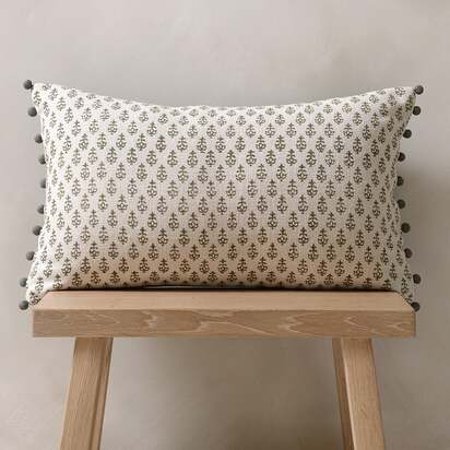 Leaf Block Print Cushion With Pom Poms - Olive - Home Accessories - The Cotswold Company