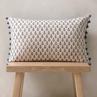 Leaf Block Print Cushion With Pom Poms - Indigo - Home Accessories - The Cotswold Company