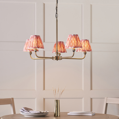 Brackenton 5lt Pendant Pendant light Antique brass plate & coral pink fabric