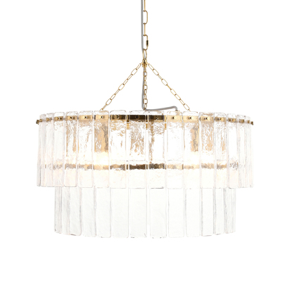 Belbrook 5lt Tiered Pendant Pendant light Brushed aged brass plate & clear handmade textured glass
