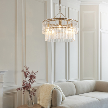 Belbrook 5lt Tiered Pendant Pendant light Brushed aged brass plate & clear handmade textured glass