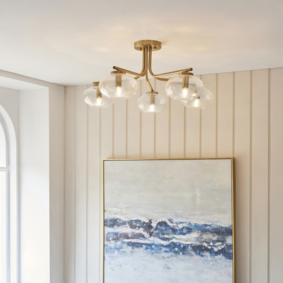 Beechvale 5lt Semi Flush Semi flush light Warm brass plate & clear bubble glass