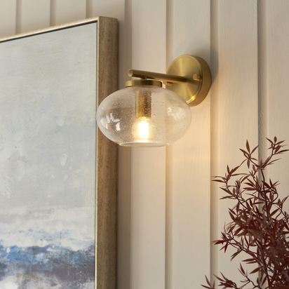 Beechvale Wall Semi flush light Warm brass plate & clear bubble glass