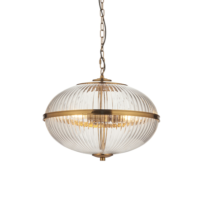 Burleigh 3lt Pendant Pendant light Vintage brass finish & clear ribbed glass