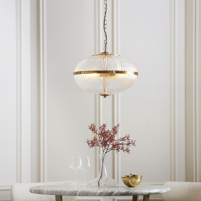 Burleigh 3lt Pendant Pendant light Vintage brass finish & clear ribbed glass
