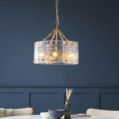 Belwick 4lt Pendant Pendant light Brushed aged brass plate & handmade textured clear glass