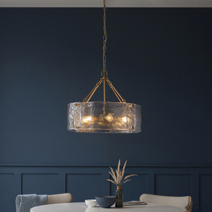 Belwick 6lt Pendant Pendant light Brushed aged brass plate & handmade textured clear glass