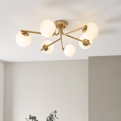 Aaron 6lt Semi flush Semi flush light Brushed aged brass plate & matt opal glass
