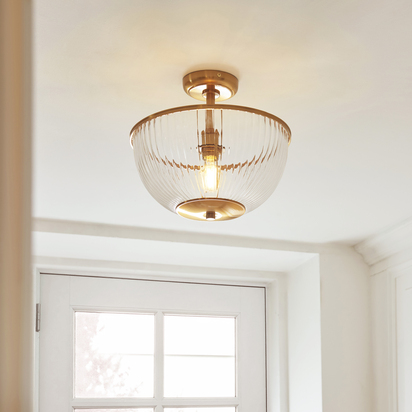 Burleigh Uplighter Flush Flush light Vintage brass finish & clear ribbed glass