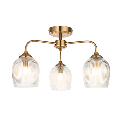 Brindle 3lt Semi Flush Semi flush light Brushed aged brass plate & clear ribbed glass