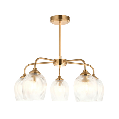 Brindle 5lt Pendant Pendant light Brushed aged brass plate & clear ribbed glass