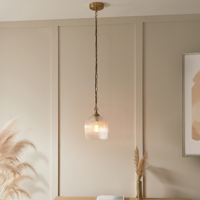 Brindle Pendant Pendant light Brushed aged brass plate & clear ribbed glass