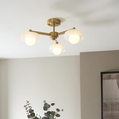 Halston 3lt Semi Flush Semi flush light Brushed aged brass plate with frosted & opal glass