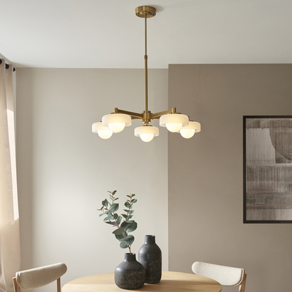 Halston 5lt Pendant Pendant light Brushed aged brass plate with frosted & opal glass