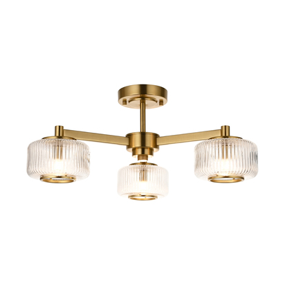 Burworth 3lt Semi Flush Semi flush light Brushed aged brass plate & clear ribbed glass
