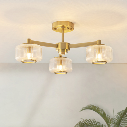 Burworth 3lt Semi Flush Semi flush light Brushed aged brass plate & clear ribbed glass