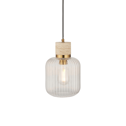 Camleigh Pendant Pendant light Natural travertine, vintage brass & clear ribbed glass