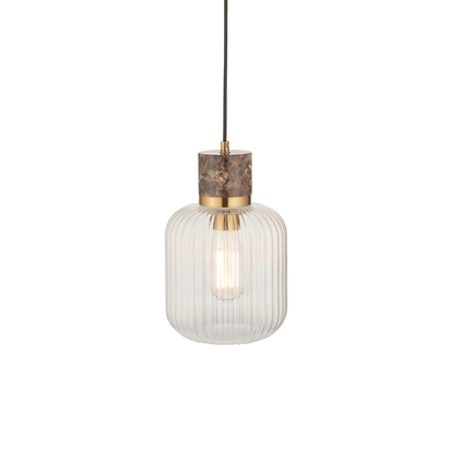 Camleigh Pendant Pendant light Dark brown Emperador marble, vintage brass & clear ribbed glass