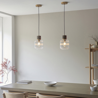 Camleigh Pendant Pendant light Dark brown Emperador marble, vintage brass & clear ribbed glass