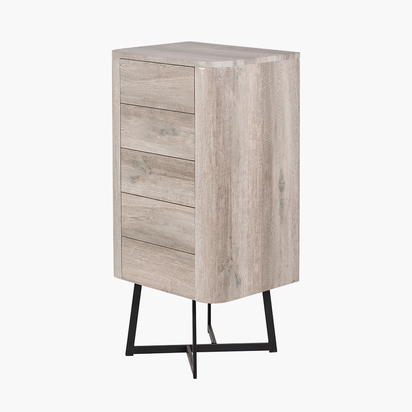 Ukiah Grey Oak Veneer and Black Metal 5 Drawer Tall Unit