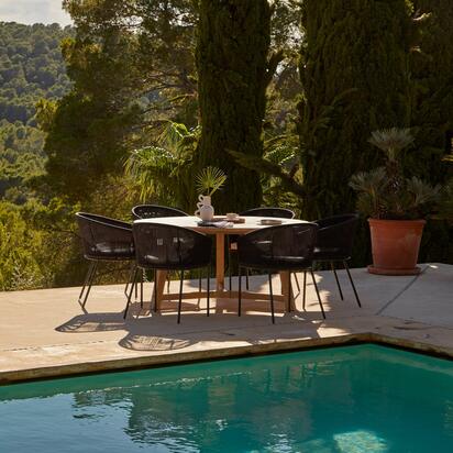 Shiro 6 Seater Wooden Round Garden Dining Table with 6 Hali Black Rope Chairs - 160cm