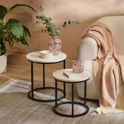 Nara White Marble Round Nesting Side Tables - Black Frame