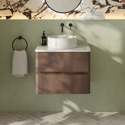 Drench Origin 600mm Fluted Wall Mounted Dark Oak Vanity Unit with White Countertop - No Basin