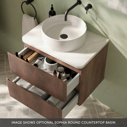 Drench Origin 600mm Fluted Wall Mounted Dark Oak Vanity Unit with White Countertop - No Basin