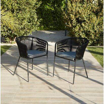 Shiro 6 Seater Wooden Round Garden Dining Table with 6 Hali Black Rope Chairs - 160cm