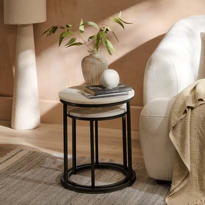 Nara White Marble Round Nest of Tables - Black Frame