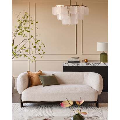 Florence Natural Fabric 2 Seater Sofa | Dark Wood Legs & Frame | Curved Rounded Silhouette With Chunky Arms | Danetti
