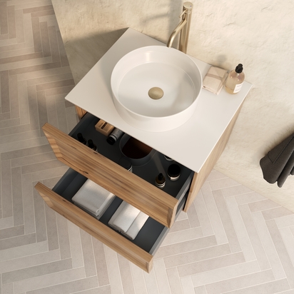 Aura 600mm Wall Mounted Natural Oak Vanity Unit & Sintered Stone Countertop
