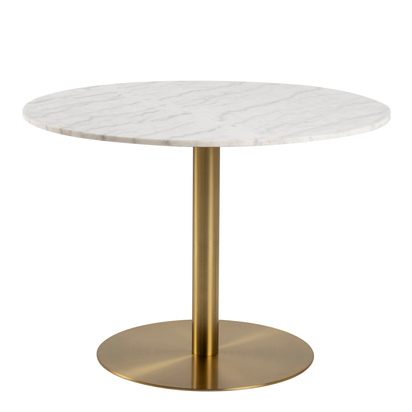 Corby Round Dining Table with White Polished Marble Top & Gold Base inc 4 Batilda Dining Chairs in Grey/Oak Legs