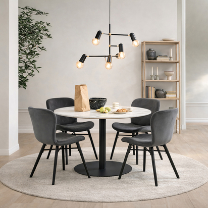 Corby Round Dining Table with White Polished Marble Top & Black Base includes 4 Batilda Dining Chairs in Dark Grey