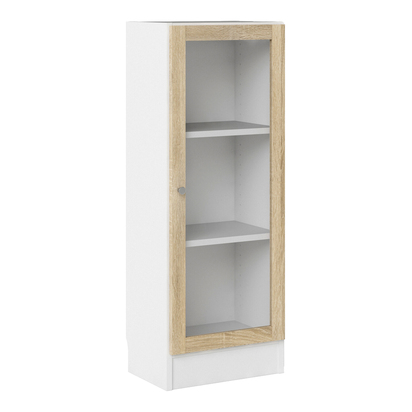 Skye Low Narrow Display Cabinet in White (2 Shelves) with Glass Oak Door