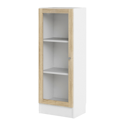 Skye Low Narrow Display Cabinet in White (2 Shelves) with Glass Oak Door
