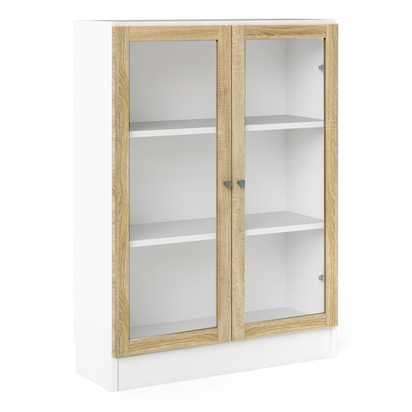Skye Low Wide Display Cabinet in White (2 Shelves) with 2 Glass Doors in Oak