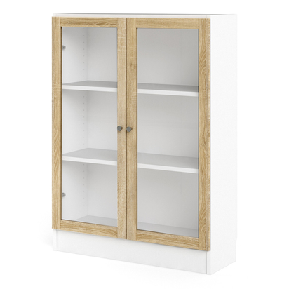 Skye Low Wide Display Cabinet in White (2 Shelves) with 2 Glass Doors in Oak