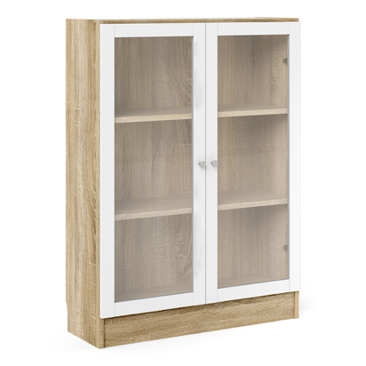 Skye Low Wide Display Cabinet in Oak (2 Shelves) with 2 Glass Doors in White