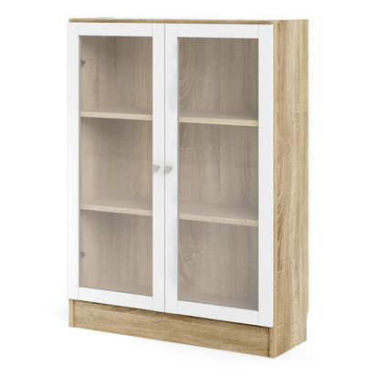 Skye Low Wide Display Cabinet in Oak (2 Shelves) with 2 Glass Doors in White
