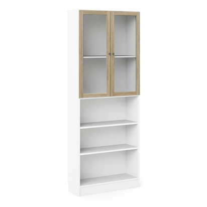 Skye Tall Wide Display Cabinet in White (4 Shelves) with 2 Glass Oak Doors