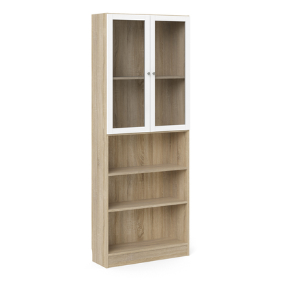 Skye Tall Wide Display Cabinet in Oak (4 Shelves) with 2 Glass White Doors