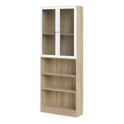Skye Tall Wide Display Cabinet in Oak (4 Shelves) with 2 Glass White Doors